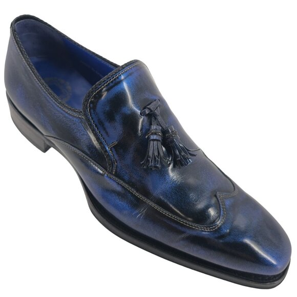 Mezlan Custom Marbleized Blue Leather Dress Shoes 8.5M Wingtip Tassel Loafers - Picture 1 of 16